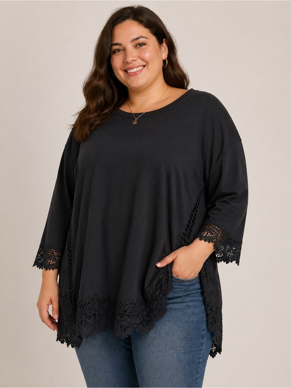 United Lovers Embroidered-Hem Black Long-Sleeve Tunic Oversized Medium